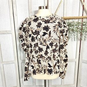 Eloquii Floral Puff Shoulder Brown Black Cream Long Sleeve Blouse Plus Size 20